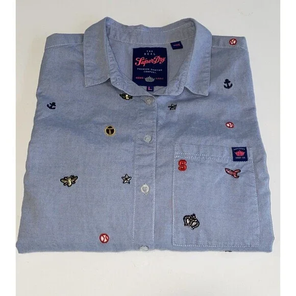 Superdry Womens Long Sleeve Shirt L Madison Blue Embroidered Denim Button - Picture 1 of 11